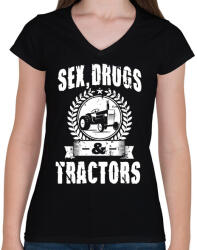printfashion sex drugs tractors - Női V-nyakú póló - Fekete (1626928)