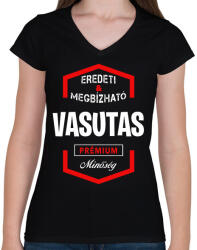 printfashion Vasutas prémium minőség - Női V-nyakú póló - Fekete (1466694)