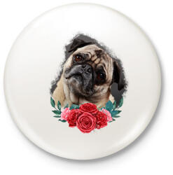 printfashion Mopsz virággal - Kitűző, hűtőmágnes - Fehér (13898201)