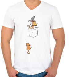 printfashion Macskás zsebminta - Férfi V-nyakú póló - Fehér (11746875)