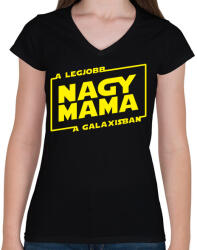 printfashion A legjobb nagymama a galaxisban - Női V-nyakú póló - Fekete (1001684)