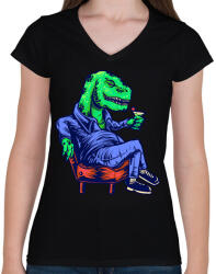 printfashion Dino chill - Női V-nyakú póló - Fekete (14213184)