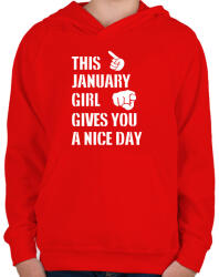 printfashion Ez a januári csaj szép napot kíván neked - Gyerek kapucnis pulóver - Piros (1365951)