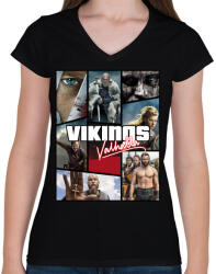 printfashion Vikingek - Női V-nyakú póló - Fekete (5468511)