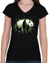 printfashion Festett panda - Női V-nyakú póló - Fekete (4957682)