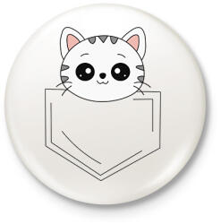 printfashion Rajzolt cica zsebben - Kitűző, hűtőmágnes - Fehér (7104714)