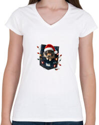 printfashion Vicces karácsonyi nyuszi zsebben - mikulás sapkában - Női V-nyakú póló - Fehér (15221810)
