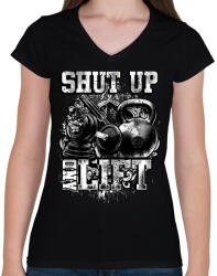 printfashion Shut up and lift - Női V-nyakú póló - Fekete (1065097)