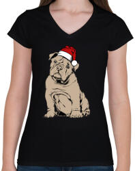 printfashion Bulldog karácsony - Női V-nyakú póló - Fekete (456365)