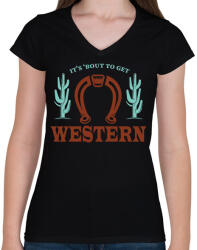 printfashion Get western - Női V-nyakú póló - Fekete (7496571)