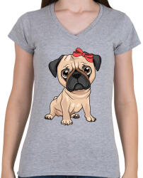 printfashion Mopsz piros masnival - Női V-nyakú póló - Sport szürke (4257668)