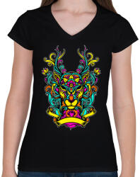 printfashion Szarvas ornamentikából - Női V-nyakú póló - Fekete (8242)