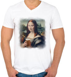 printfashion Mona Lisa sörrel - Férfi V-nyakú póló - Fehér (14726842)