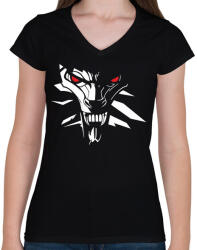 printfashion White Wolf - Női V-nyakú póló - Fekete (2101043)