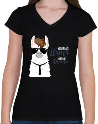 printfashion Biznisz láma - Női V-nyakú póló - Fekete (1255801)
