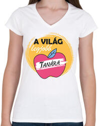 printfashion A világ legjobb tanára - Almás minta - Női V-nyakú póló - Fehér (6505768)