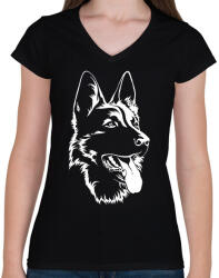 printfashion német juhász - Női V-nyakú póló - Fekete (13681887)