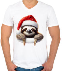 printfashion Cuki vicces karácsonyi party lajhár - Férfi V-nyakú póló - Fehér (15244056)