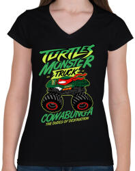 printfashion Monster Teknős - Női V-nyakú póló - Fekete (465530)