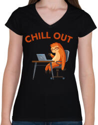 printfashion CHILL OUT - vicces lajhár - Női V-nyakú póló - Fekete (12023837)