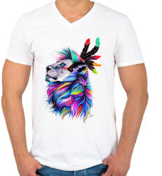 printfashion Oroszlán festmény - Férfi V-nyakú póló - Fehér (1016222)