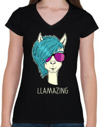 printfashion LLAMAZING - Női V-nyakú póló - Fekete (1623872)