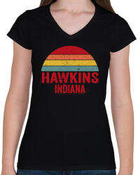 printfashion Retro Hawkins Indiana - Női V-nyakú póló - Fekete (7691523)