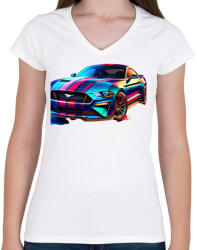 printfashion Mustang - Női V-nyakú póló - Fehér (15206966)