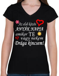 printfashion Az első közös anyák nappja! - Női V-nyakú póló - Fekete (4806505)