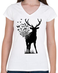 printfashion Szarvas pillangó - Női V-nyakú póló - Fehér (126123)