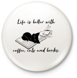 printfashion Coffee, cats and books - Kitűző, hűtőmágnes - Fehér (4283912)