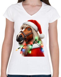printfashion Vicces karácsonyi party ló - Mikulás ruhában - Női V-nyakú póló - Fehér (15231705)