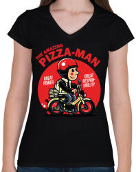 printfashion A csodálatos pizzafutár - Női V-nyakú póló - Fekete (208288)