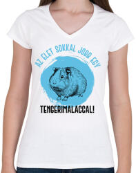 printfashion Az élet sokkal jobb egy tengerimalaccal - Női V-nyakú póló - Fehér (7090012)