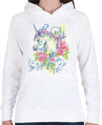 printfashion Unikornis virágokkal vízfesték - Női kapucnis pulóver - Fehér (1526408)