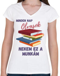 printfashion minden nap olvasok. . . - Női V-nyakú póló - Fehér (11779086)