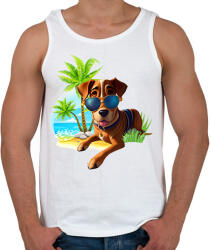 printfashion VAKÁCIÓ / Nyaralás / Pálmafák és vicces Kutya napszemüvegben - Férfi atléta - Fehér (11772963)