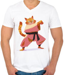 printfashion Karatés macska - Férfi V-nyakú póló - Fehér (14482424)