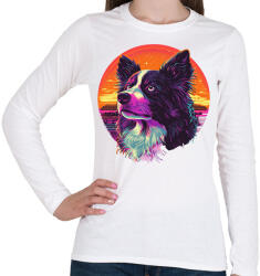 printfashion Border Collie Synthwave - Női hosszú ujjú póló - Fehér (16700795)