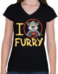 printfashion I Love Furry - Női V-nyakú póló - Fekete (5139226)