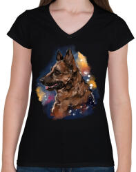 printfashion german shepherd watercolor - Női V-nyakú póló - Fekete (5645225)