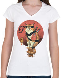 printfashion Cat Shinobi - Női V-nyakú póló - Fehér (5420129)