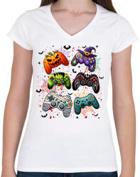 printfashion Retro Halloween Gaming Controller - Női V-nyakú póló - Fehér (16773005)