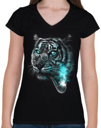 printfashion Értelmiségi tigris - Női V-nyakú póló - Fekete (47522)