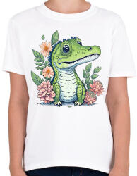 printfashion Cuki krokodil virágokkal - Gyerek póló - Fehér (13204371)