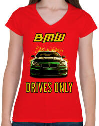 printfashion BMW-DRIVES ONLY - Női V-nyakú póló - Piros (2203537)