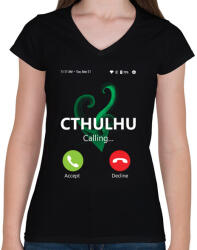 printfashion Cthulhu hívása - Női V-nyakú póló - Fekete (4288107)
