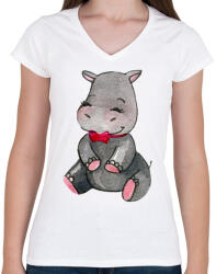 printfashion Cute Hippo - Női V-nyakú póló - Fehér (1586067)