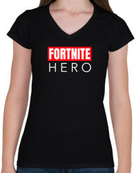 printfashion FORTNITE HERO - Női V-nyakú póló - Fekete (10433985)