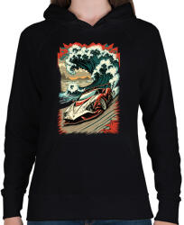 printfashion Hot Rod versenyautó hullámokkal - Női kapucnis pulóver - Fekete (13206928)